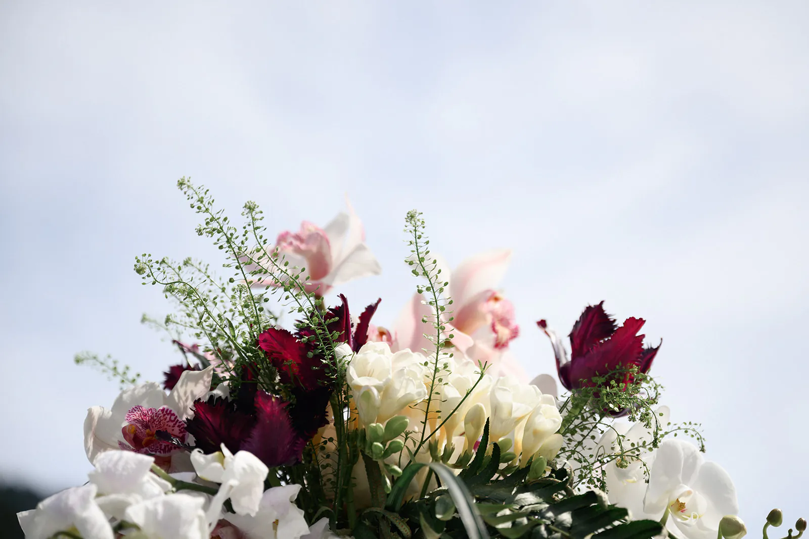 A bouquet of white, pink, and dark red flowers with green foliage set against a pale, cloudy sky.