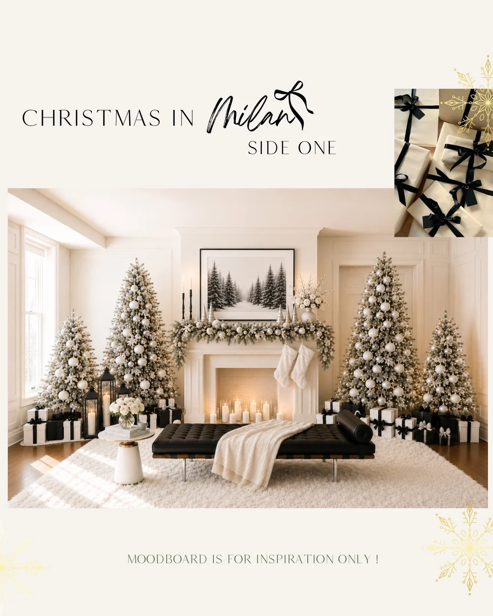 Elegant living room decorated for Christmas with white and gold ornaments, three Christmas trees, candles on the mantel, and black-wrapped gifts; labeled “Christmas in Milan.”.