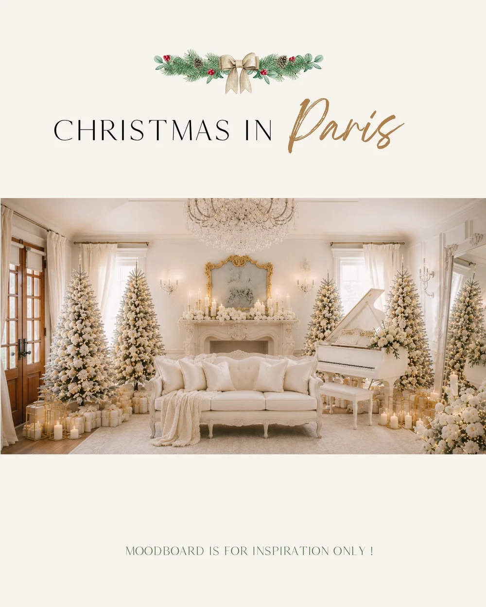 Elegant living room decorated with white Christmas trees, candles, a white sofa, and a white grand piano, inspired by Parisian Christmas décor.